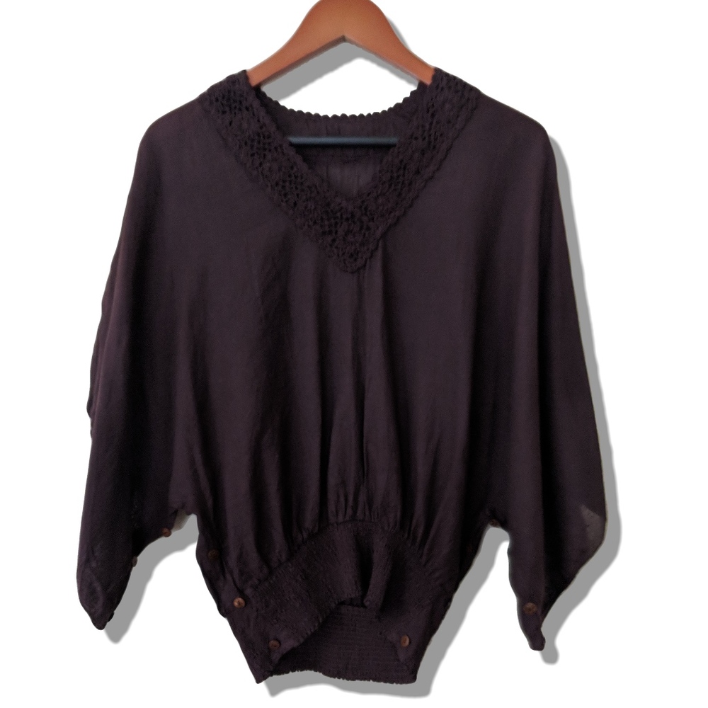 Drapey brown boho blouse | crochet collar | NWOT